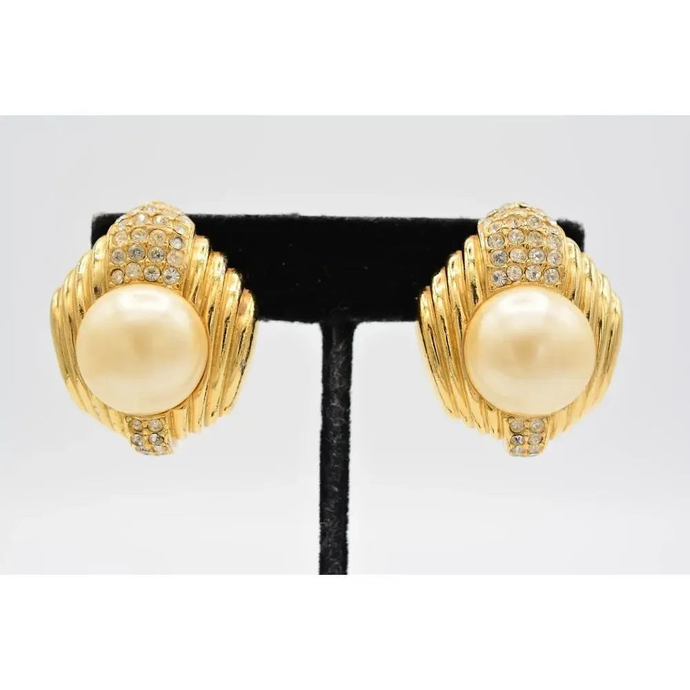Ciner Vintage Crystal Clip On Earrings Pearl Gold Bold Chunky Heavy Signed BinAG